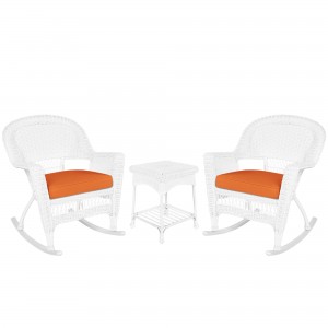 3pc White Rocker Wicker Chair Set With Orange Cushion