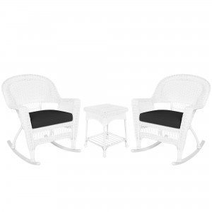 3pc White Rocker Wicker Chair Set With Black Cushion