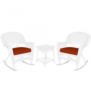 3pc White Rocker Wicker Chair Set With Brick Red Cushion