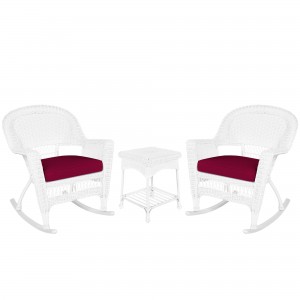 3pc White Rocker Wicker Chair Set With Red Cushion