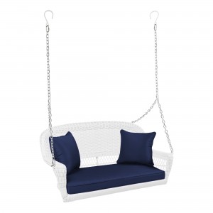 White Resin Wicker Porch Swing with Midnight Blue Cushion