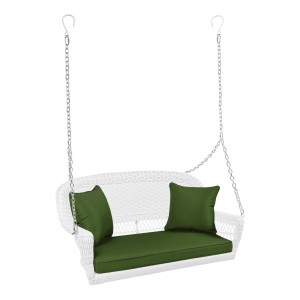 White Resin Wicker Porch Swing with Hunter Green Cushion