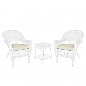 White Wicker Chair And End Table Set With Ivory Chair Cushion