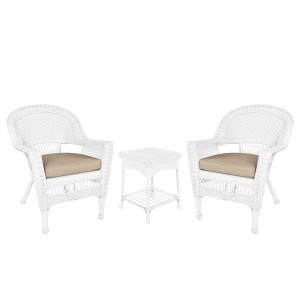 White Wicker Chair And End Table Set With Tan Chair Cushion