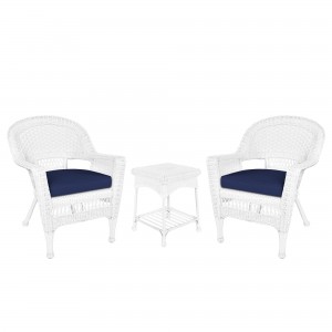White Wicker Chair And End Table Set With Midnight Blue Chair Cushion