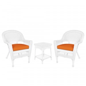 White Wicker Chair And End Table Set With Orange Chair Cushion