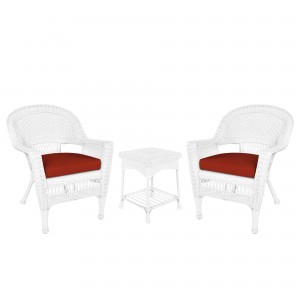 White Wicker Chair And End Table Set With Brick Red Chair Cushion