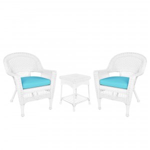 White Wicker Chair And End Table Set With Sky Blue Chair Cushion