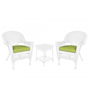 White Wicker Chair And End Table Set With Sage Green Chair Cushion
