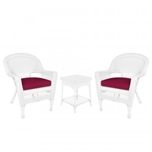 White Wicker Chair And End Table Set With Red Chair Cushion