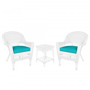White Wicker Chair And End Table Set With Turquoise Chair Cushion