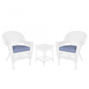 White Wicker Chair And End Table Set With Steel Blue Chair Cushion