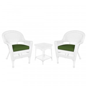 White Wicker Chair And End Table Set With Hunter Green Chair Cushion
