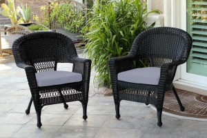 Black Wicker Chair With Steel Blue Cushion - Set of 2