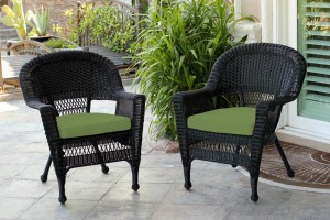 Black Wicker Chair With Hunter Green Cushion - Set of 2