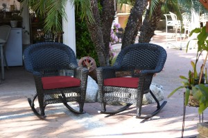 Black Rocker Wicker Chair with Red Cushion -  Set of 2