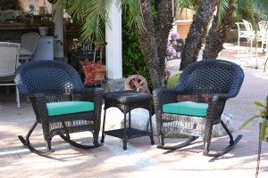 3pc Black Rocker Wicker Chair Set With Turquoise Cushion