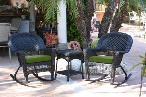 3pc Black Rocker Wicker Chair Set With Hunter Green Cushion