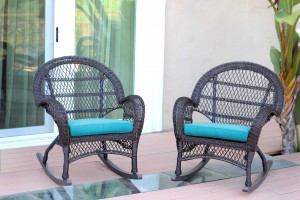 Santa Maria Espresso Wicker Rocker Chair with Sky Blue Cushion - Set of 2
