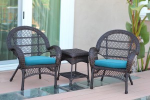 3pc Santa Maria Espresso Wicker Chair Set - Sky Blue Cushions