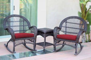 3pc Santa Maria Espresso Rocker Wicker Chair Set - Red Cushions