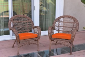Santa Maria Honey Wicker Chair with Orange Cushions Set of 2