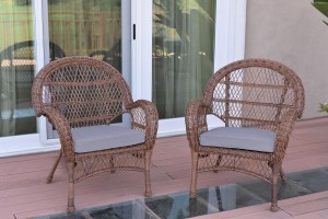 Santa Maria Honey Wicker Chair with Steel Blue Cushion - Set of 2