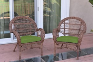 Santa Maria Honey Wicker Chair with Hunter Green Cushion - Set of 2