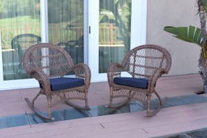 Santa Maria Honey Wicker Rocker Chair with Midnight Blue Cushion - Set of 2