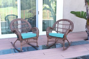Santa Maria Honey Wicker Rocker Chair with Sky Blue Cushion - Set of 2