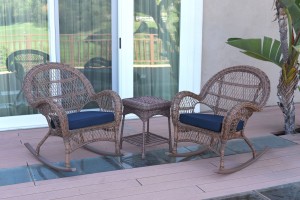 3pc Santa Maria Honey Rocker Wicker Chair Set - Midnight Blue Cushions