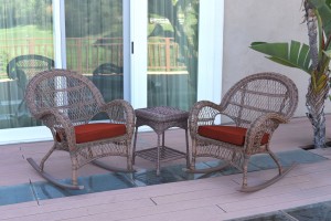 3pc Santa Maria Honey Rocker Wicker Chair Set - Brick Red Cushions
