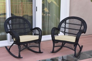 Santa Maria Black Wicker Rocker Chair with Ivory Cushion - Set of 2