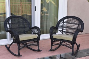 Santa Maria Black Wicker Rocker Chair with Tan Cushion - Set of 2