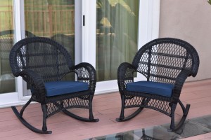 Santa Maria Black Wicker Rocker Chair with Midnight Blue Cushion - Set of 2