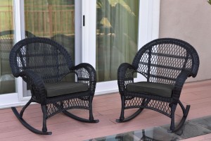 Santa Maria Black Wicker Rocker Chair with Black Cushion - Set of 2