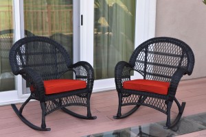 Santa Maria Black Wicker Rocker Chair with Brick Red Cushion - Set of 2