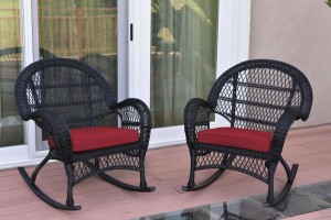 Santa Maria Black Wicker Rocker Chair with Red Cushion - Set of 2