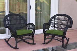 Santa Maria Black Wicker Rocker Chair with Hunter Green Cushion - Set of 2