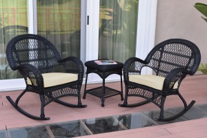 3pc Santa Maria Black Rocker Wicker Chair Set - Ivory Cushions
