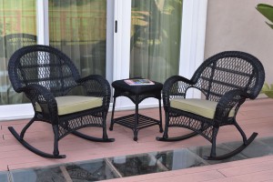 3pc Santa Maria Black Rocker Wicker Chair Set - Tan Cushions