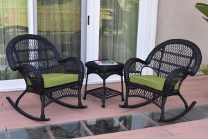 3pc Santa Maria Black Rocker Wicker Chair Set - Sage Green Cushions