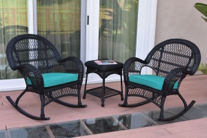 3pc Santa Maria Black Rocker Wicker Chair Set - Turquoise Cushions