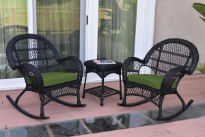 3pc Santa Maria Black Rocker Wicker Chair Set - Hunter Green Cushions