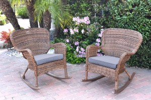 Set of 2 Windsor Honey Resin Wicker Rocker Chair with Steel Blue Cushions