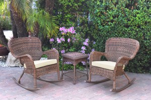 Windsor Honey Wicker Rocker Chair And End Table Set With Ivory Chair Cushion
