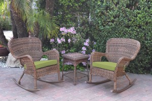 Windsor Honey Wicker Rocker Chair And End Table Set With Sage Green Chair Cushion
