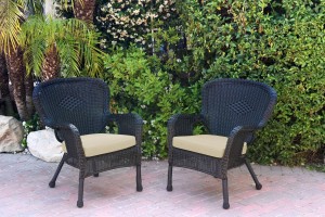 Set of 2 Windsor Black Resin Wicker Chair with Ivory Cushion