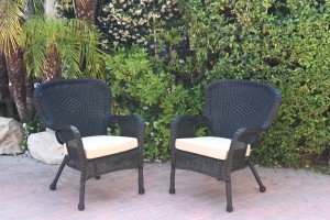 Set of 2 Windsor Black Resin Wicker Chair with Tan Cushions