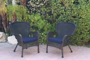 Set of 2 Windsor Black Resin Wicker Chair with Midnight Blue Cushions